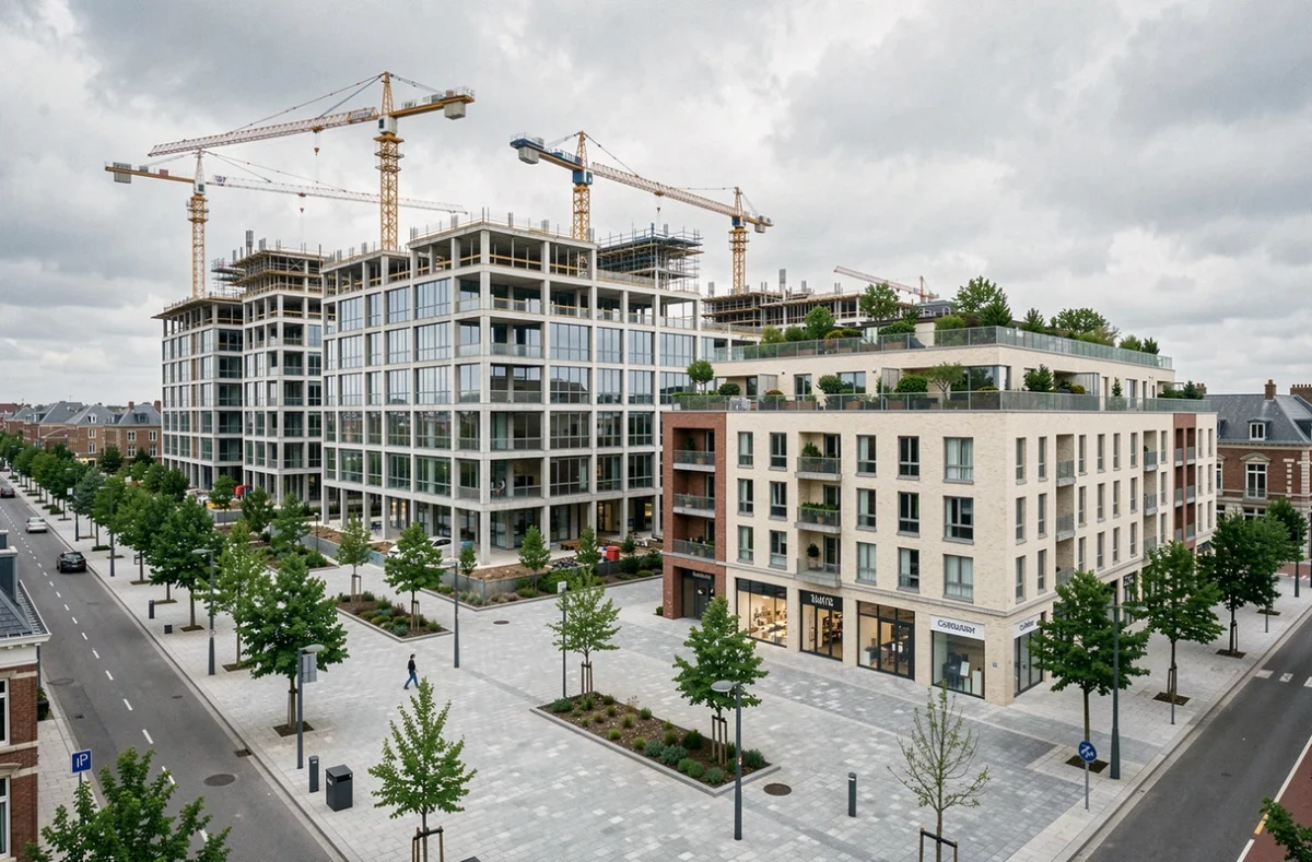 Grand programme urbain de Bouygues Immobilier dans une ville du Pas-de-Calais, chantier de construction avec grues et immeubles neufs