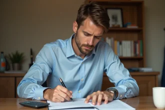 Homme calculant l'encadrement des loyers à la main dans un appartement avec un carnet et une calculatrice