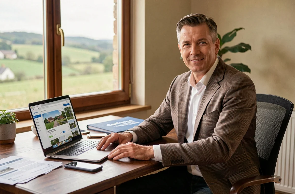Christian Brique, mandataire indépendant Capifrance, dans son bureau à domicile avec vue sur la campagne aveyronnaise