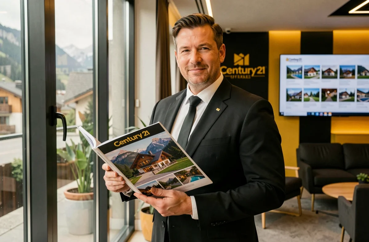 Négociateur immobilier Century 21 Savoie présentant un catalogue de biens alpins haut de gamme dans une agence au décor doré et noir