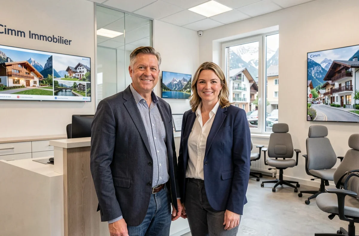 Deux conseillers de Cimm Immobilier Savoie dans une agence moderne avec des annonces de chalets et appartements alpins