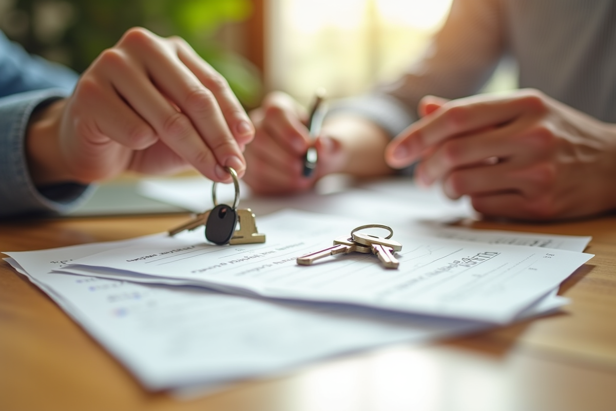 Mains échangeant des papiers avec clés et avis de retard de loyer sur une table en bois