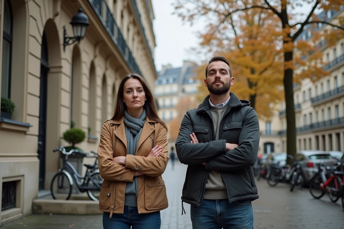 Deux co-indivisaires en désaccord devant un immeuble parisien, illustrant un conflit lié au remboursement inégal d'un crédit immobilier