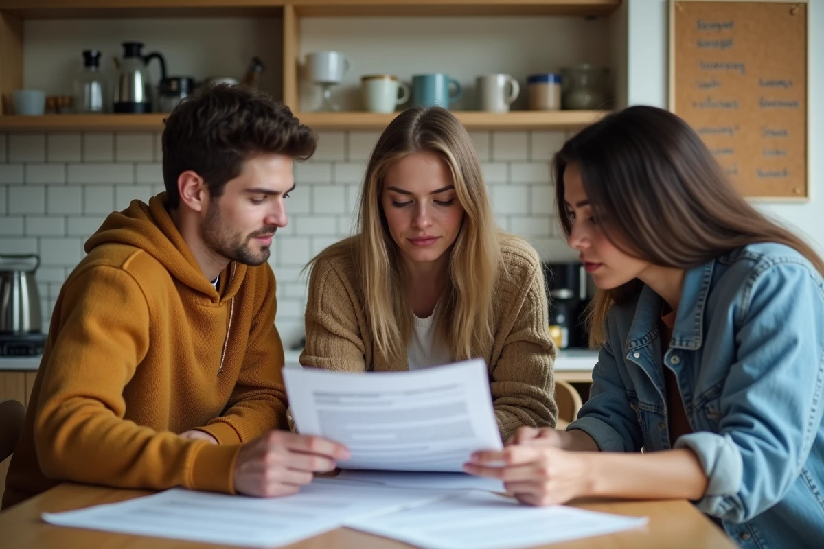 Colocataires étudiant un contrat de colocation avec abréviations d'appartement