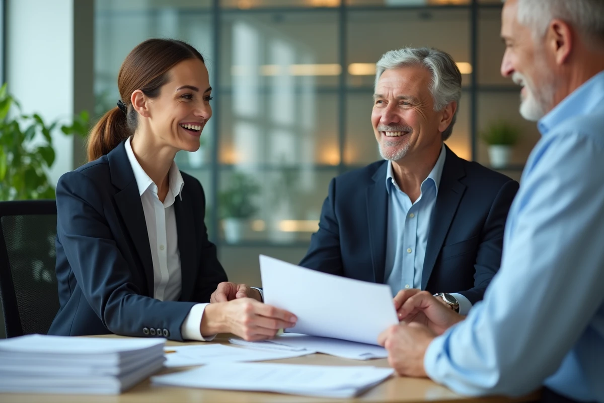 Conseillère financière remettant des papiers à un client souriant