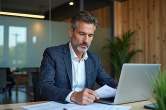 Conseiller immobilier analysant des documents de fiscalité locative et d'optimisation des charges dans une agence immobilière moderne