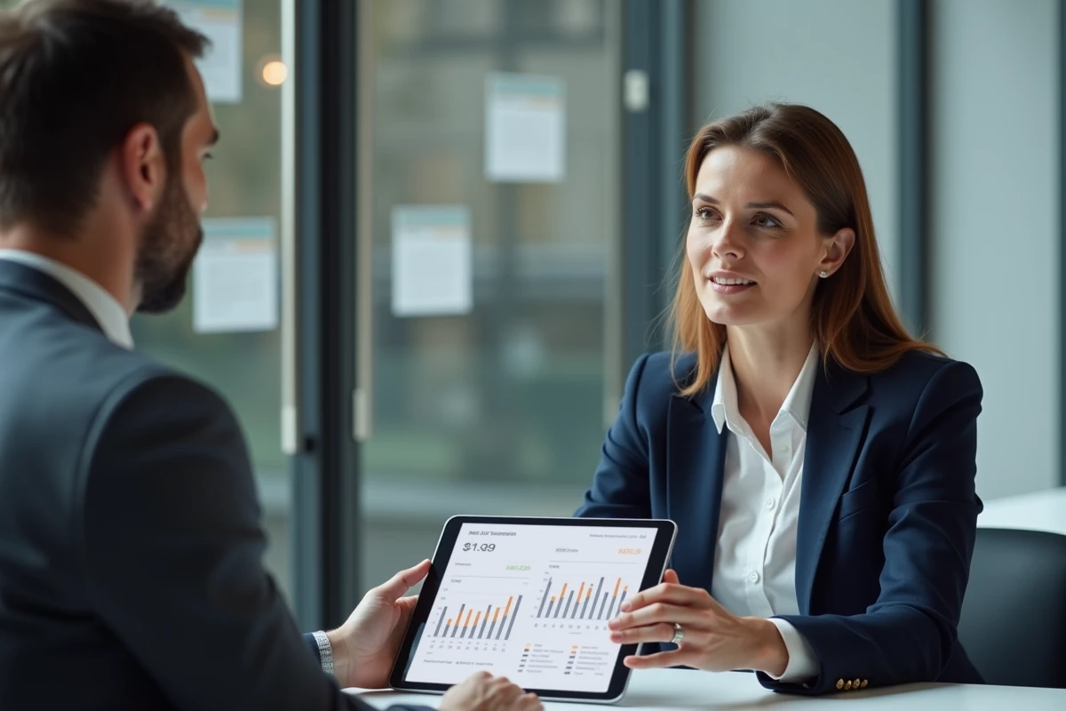 Investisseur immobilier discutant d'un simulateur de rentabilité avec un conseiller financier autour d'une tablette affichant des données de vacance locative