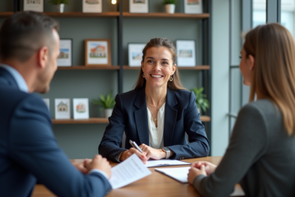 Femme conseillère immobilière en réunion avec un couple