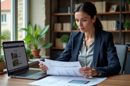 Femme consultante immobilière analysant une estimation de maison en ligne sur un ordinateur portable dans un bureau moderne