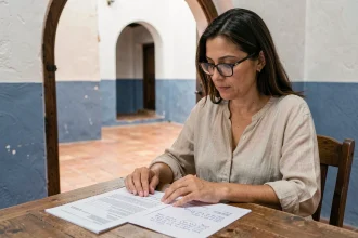 Locataire examinant un contrat de location longue durée dans un riad traditionnel d'Essaouira