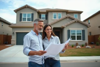 Couple examinant les plans d'une maison construite par un particulier avant achat