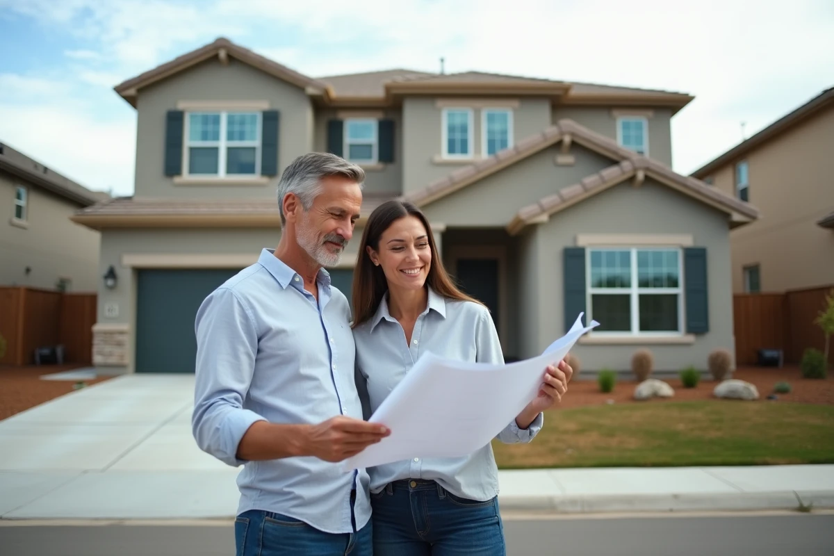 Couple examinant les plans d'une maison construite par un particulier avant achat