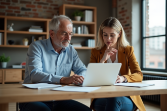 Couple d'affaires dans un appartement moderne en train de revoir des documents immobiliers
