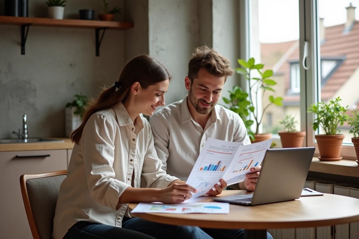 Couple étudiant le marché immobilier français sur ordinateur portable et documents dans un appartement contemporain en France en 2026