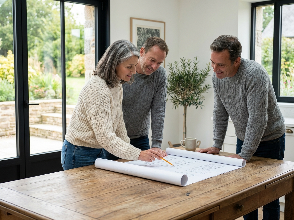 Couple regardant plans architecturaux dans leur maison