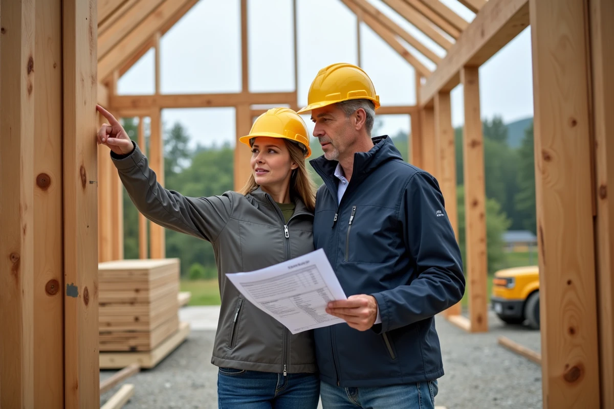 Couple sur un chantier maison ossature bois en train de vérifier le budget et les coûts de construction