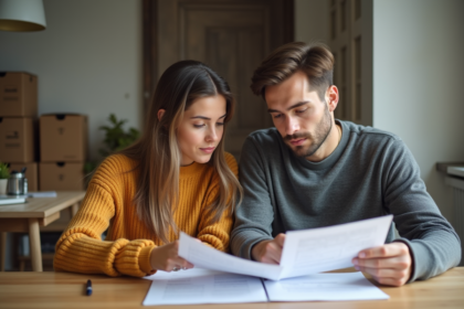 Jeune couple contemplant des documents dans un appartement