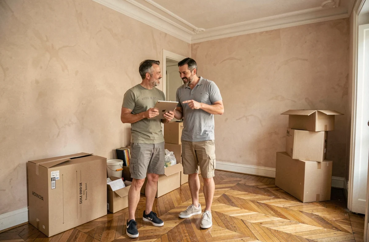 Couple discutant d'un déménagement vers un logement plus grand à Paris avec tablette et cartons dans le salon