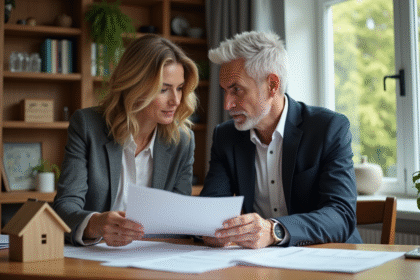 Couple d'adultes discutant de documents immobiliers dans un intérieur moderne