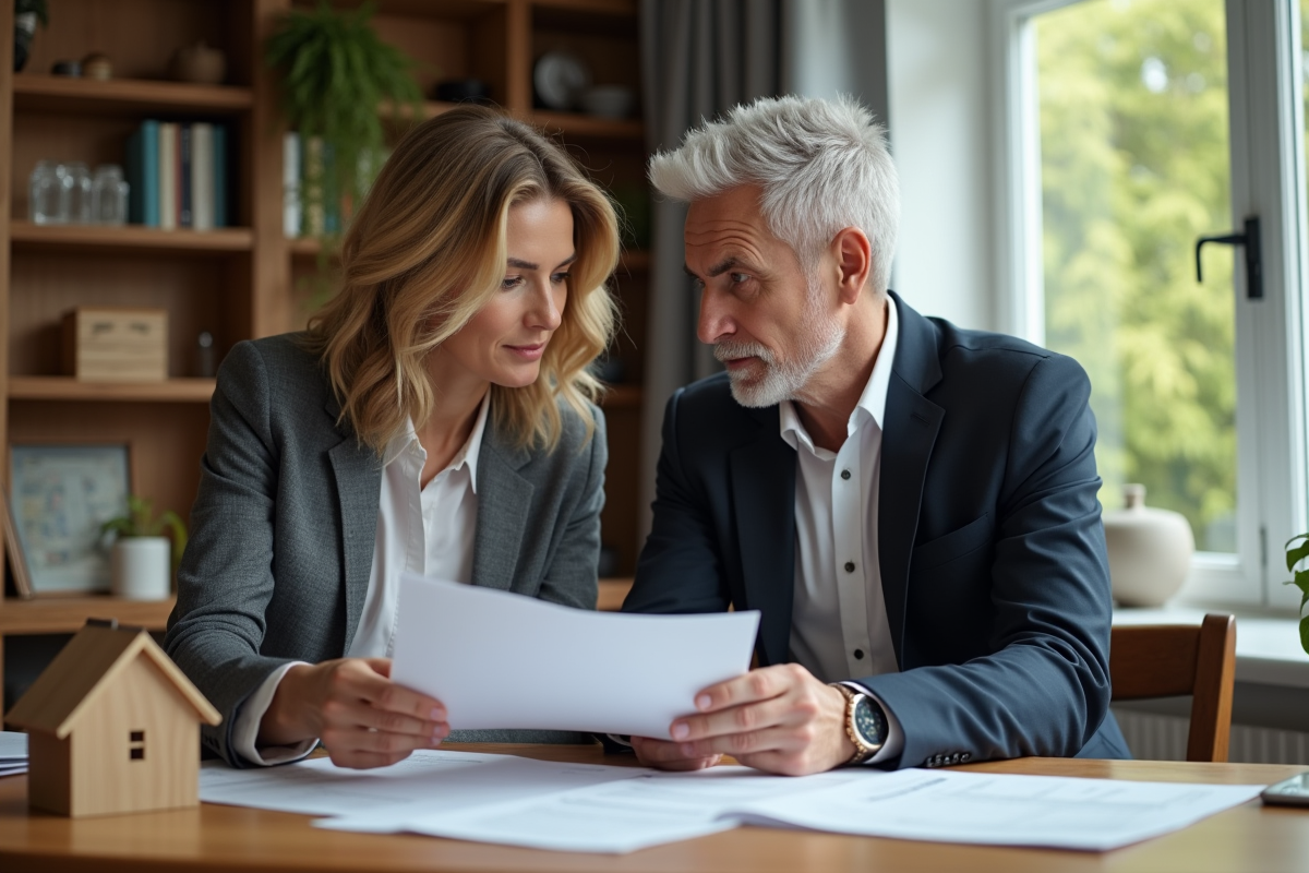 Couple d'adultes discutant de documents immobiliers dans un intérieur moderne