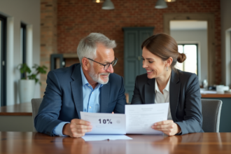 Couple discutant de documents dans une maison moderne