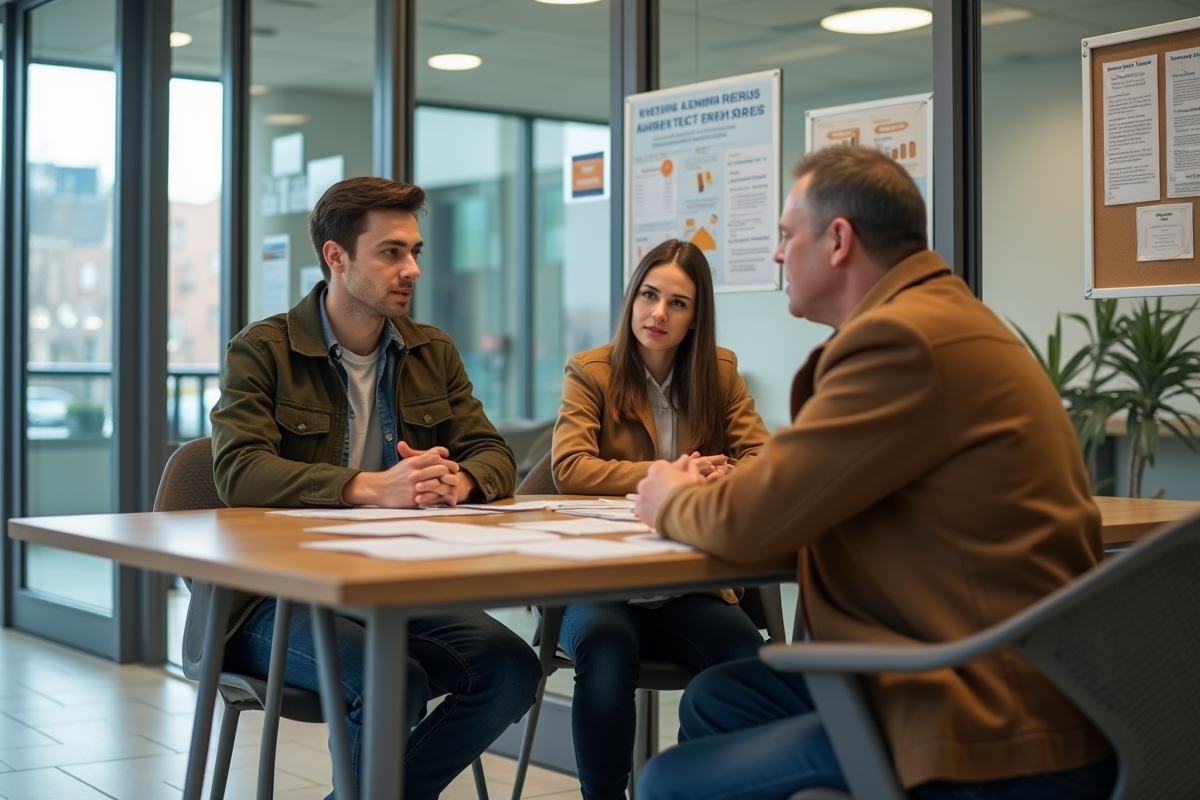 Jeune couple écoutant un conseiller dans un centre d