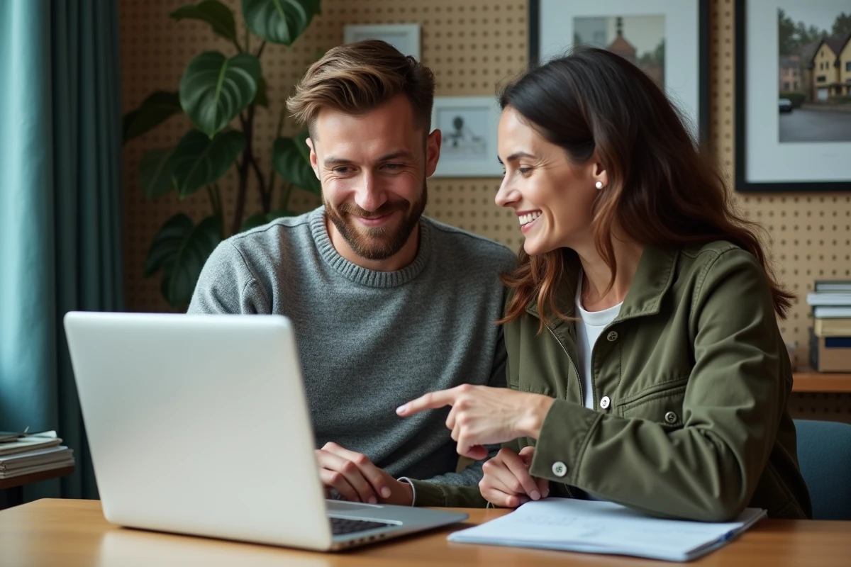 Couple consultant un outil d'estimation immobilière gratuite sur ordinateur avant leur première vente