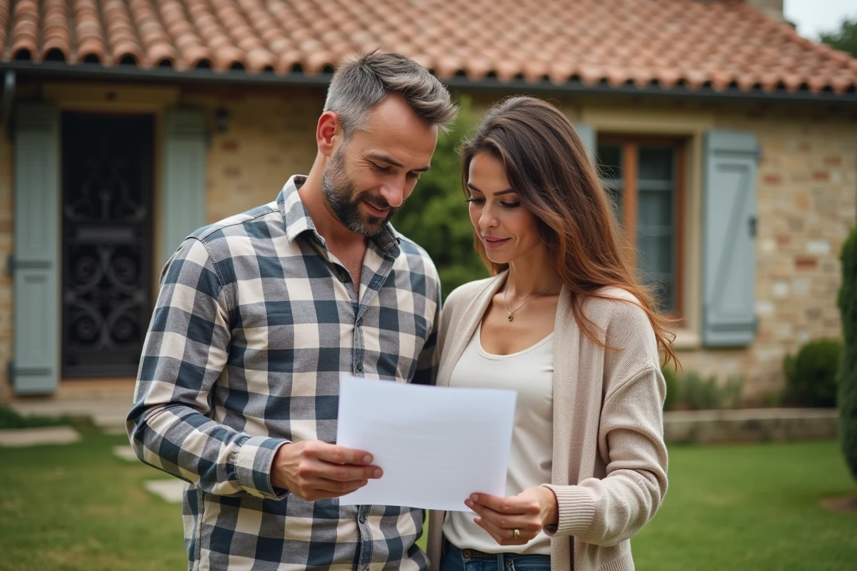 Couple de propriétaires évaluant l'estimation immobilière de leur maison en pierre traditionnelle française