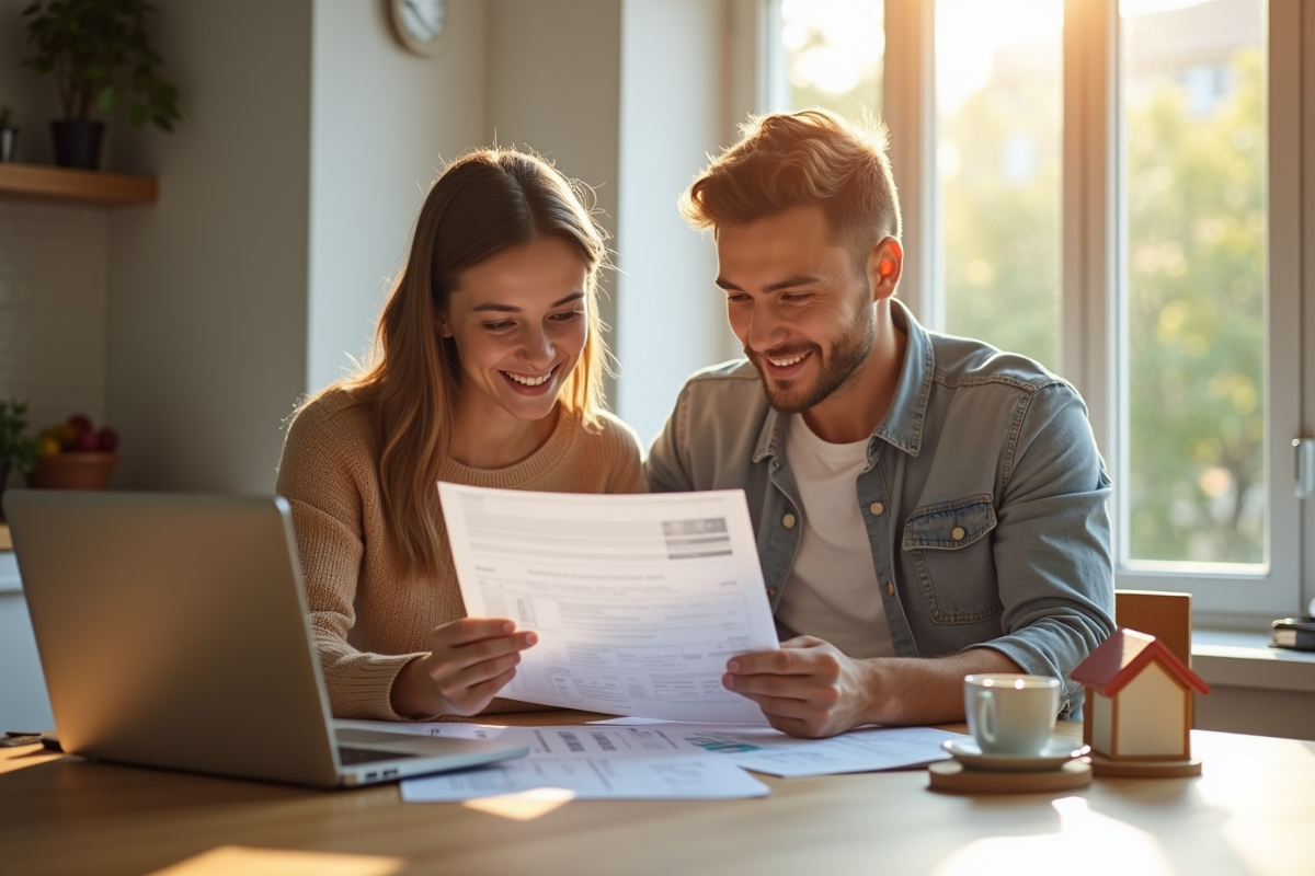Jeune couple souriant à la cuisine avec documents financiers