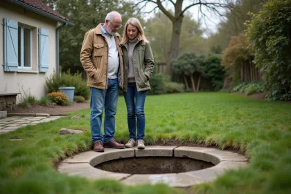 Couple examinant une fosse septique non conforme dans le jardin d'une maison à vendre en France