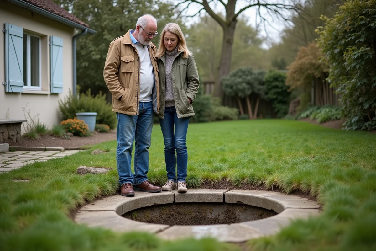 Couple examinant une fosse septique non conforme dans le jardin d'une maison à vendre en France