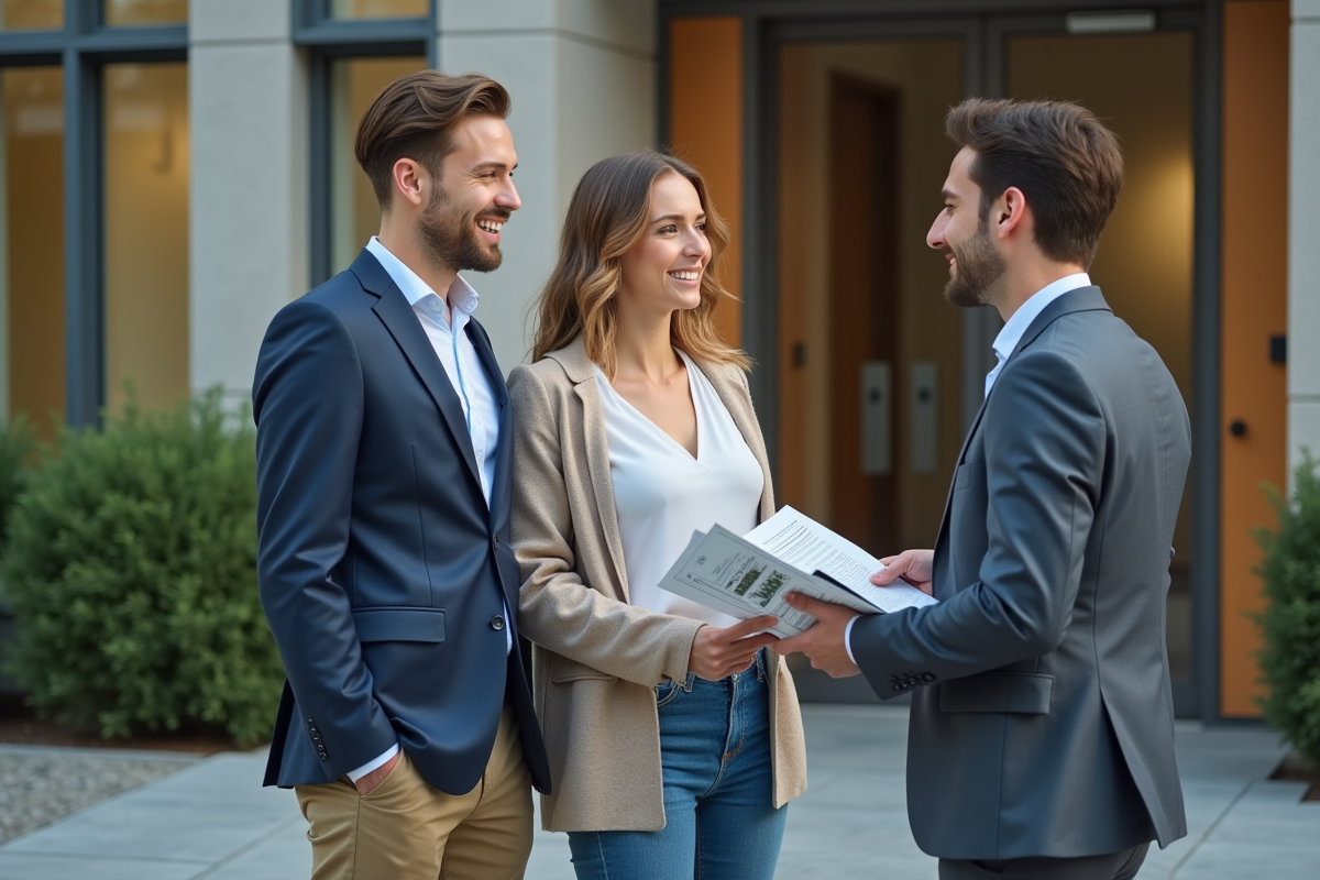 Jeune couple discutant avec un agent immobilier devant un immeuble