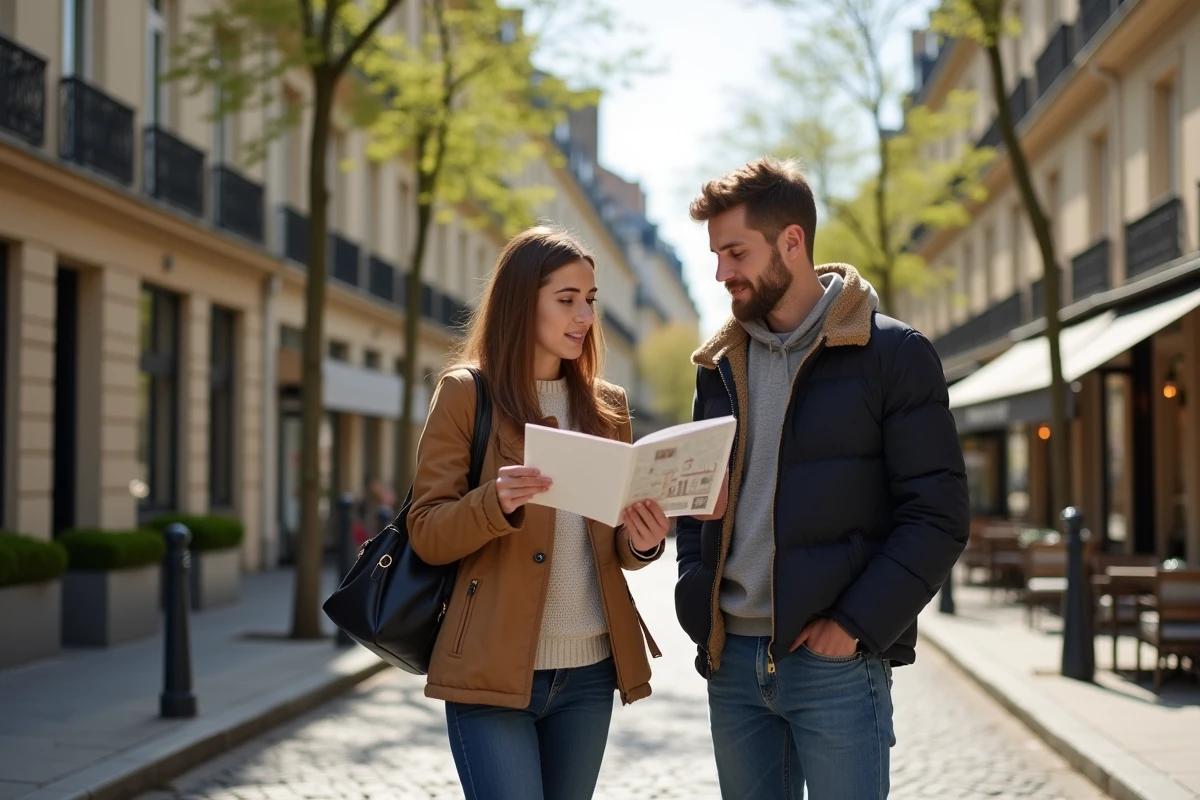 Jeune couple examine brochure immobiliere dans Saint Germain