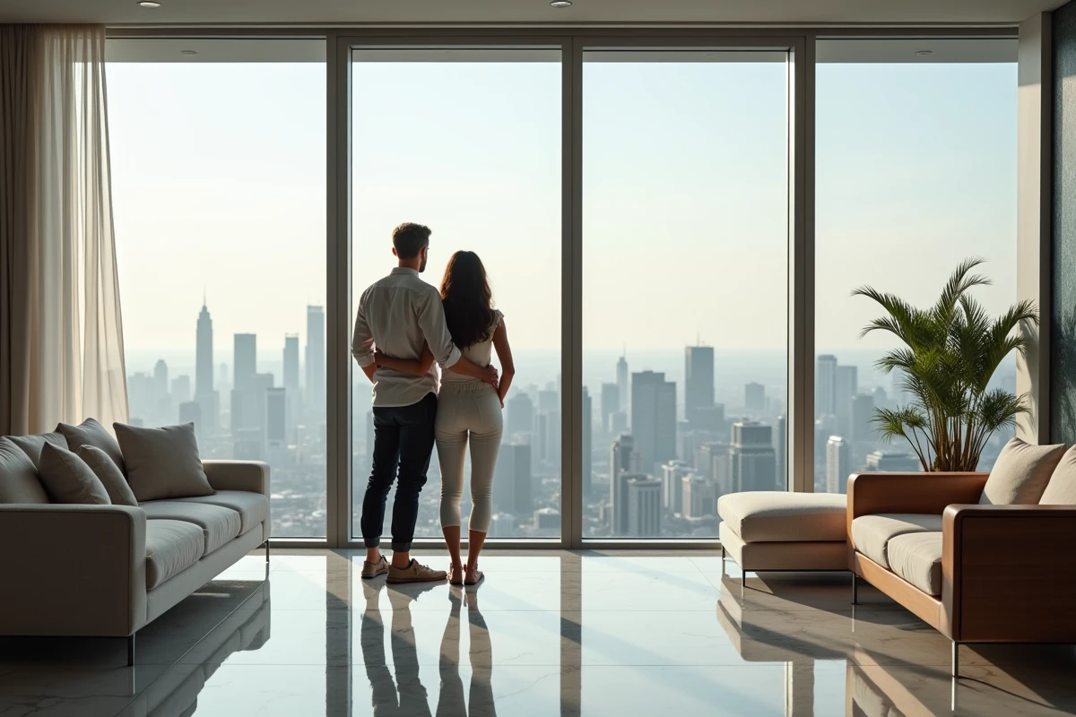Couple dans un salon de penthouse luxueux avec baies vitrées panoramiques et vue sur la ville