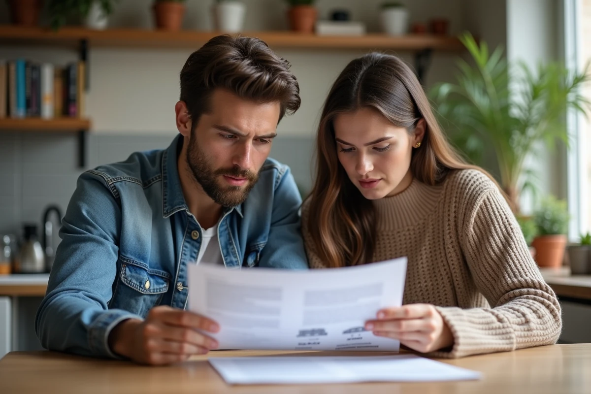 Jeune couple examine documents immobiliers à la maison