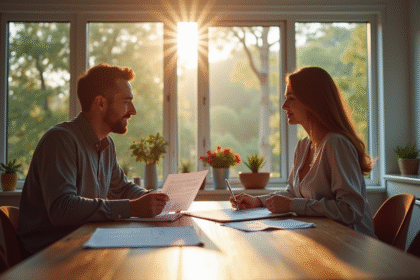Couple à la maison examinant documents fiscaux et factures immobilières