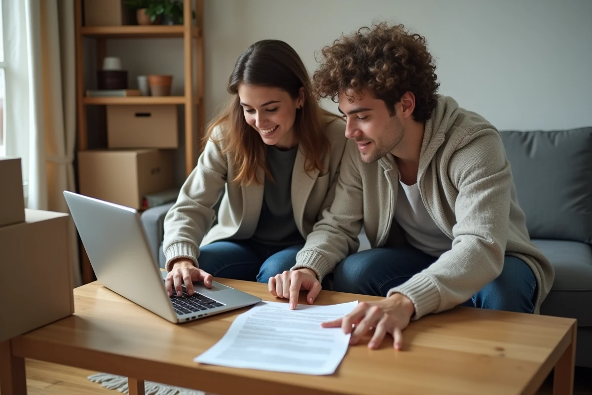 Couple de locataires préparant ensemble leur lettre de préavis de départ d'appartement