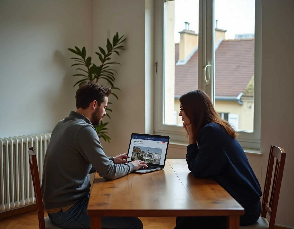 Couple cherchant un appartement à louer à Paris sur un site d'annonces immobilières depuis leur intérieur parisien avec parquet et toits en zinc