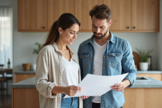 Couple discutant plans de renovation dans une cuisine moderne