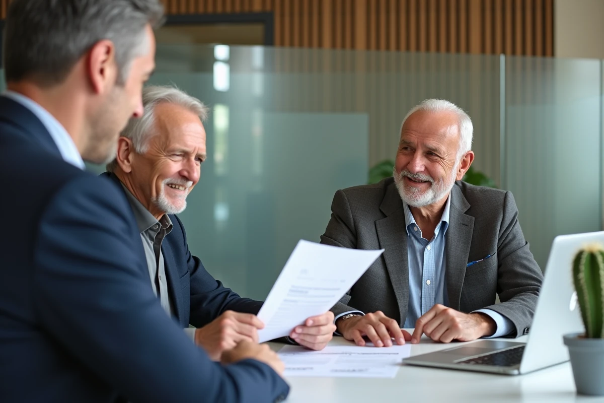 Couple de retraités discutant d'une simulation viager avec un conseiller immobilier