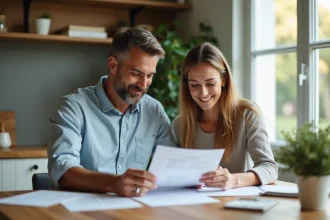 Couple détendu examinant des documents de prêt immobilier