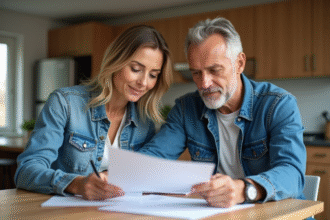 Couple d'adultes révisant des documents dans la cuisine