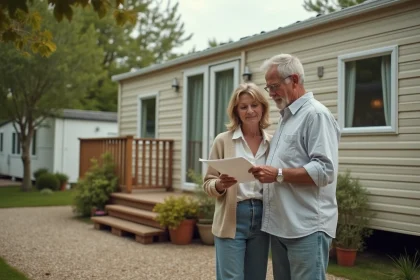 Couple examinant un contrat de vente devant un mobil-home d'occasion dans un camping ouvert à l'année