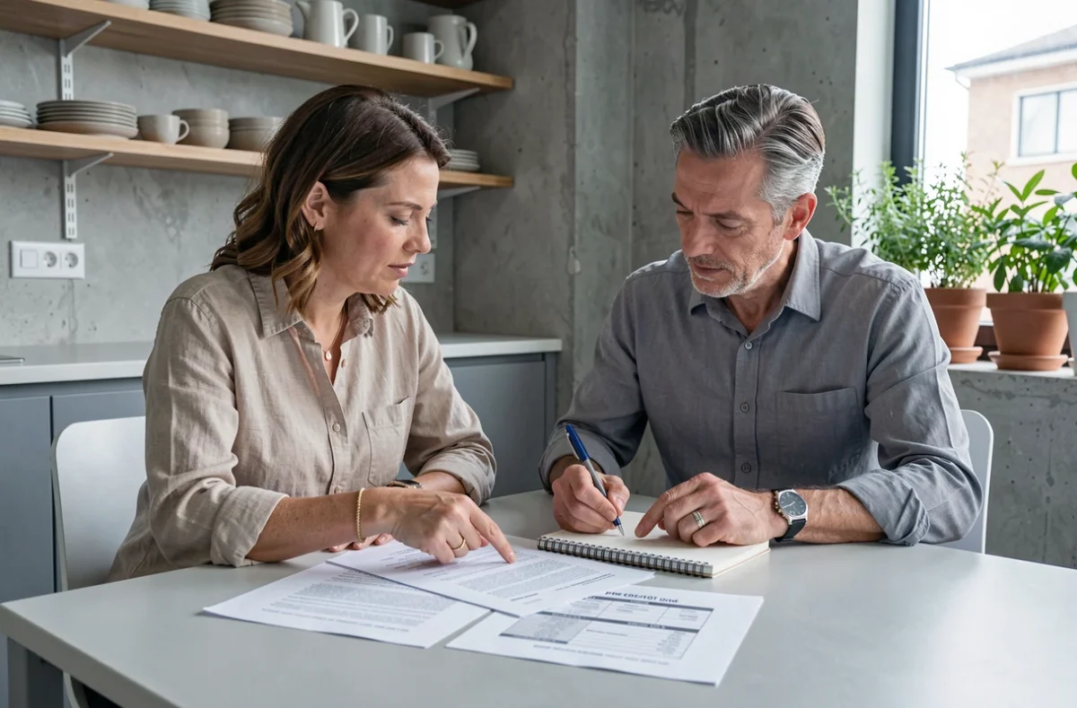 Couple vérifiant les documents pré état daté d'une copropriété avant signature de vente