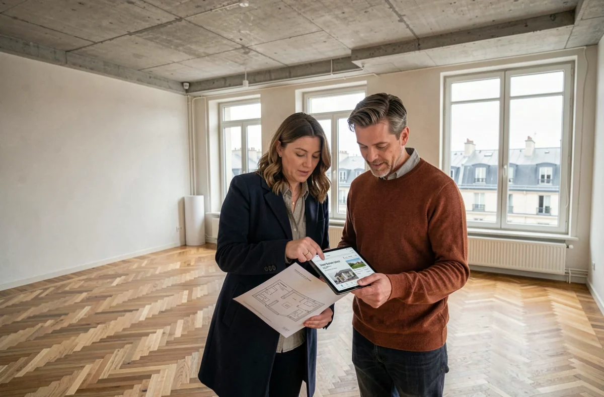 Couple visitant un appartement vide et consultant Limmomalin.fr sur tablette en 2026