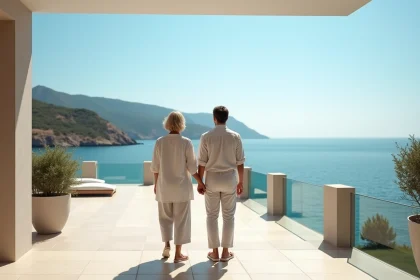 Couple regardant l'océan depuis une terrasse en bord de mer