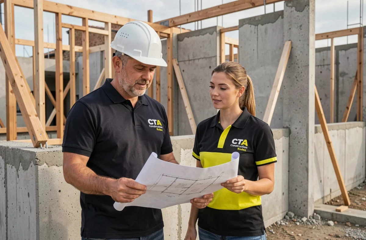 Chef de chantier et collègue de CTA Construction Rodez devant un chantier résidentiel moderne en périphérie de Rodez