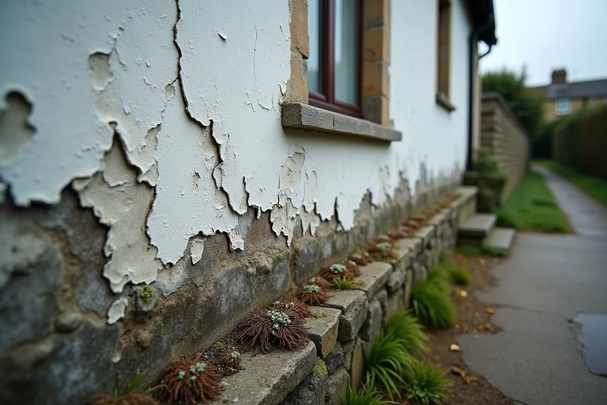 Détail de façade d'une maison normande en bord de mer montrant des traces d'humidité, de salpêtre et de dégradation des matériaux causées par le climat maritime
