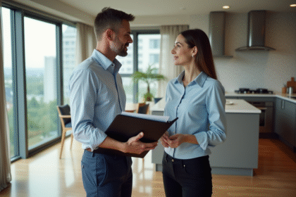 Homme d'affaires discutant avec une femme dans un appartement moderne