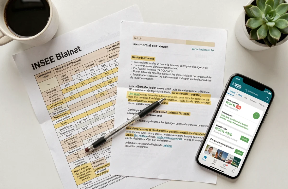 Vue aérienne d'un bureau avec les documents INSEE ICC, un bail commercial et une calculatrice pour la révision de loyer